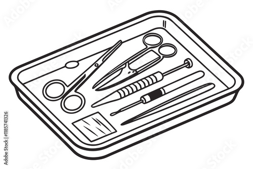black color line art Surgical tray setup silhouette vector, on white background F.eps