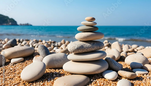 pile of stones on the beach, sea background