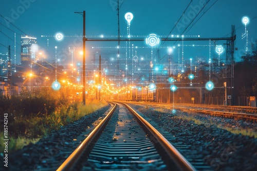 Night Train Tracks, Cityscape, Digital Overlay, IoT, Transportation