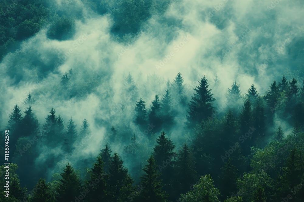 Misty mountain forest aerial view; nature background Misty mountain forest aerial view; nature background