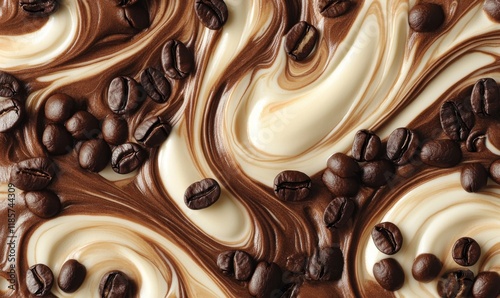 Rich coffee beans and cream create dynamic, swirling patterns against a clean backdrop  photo