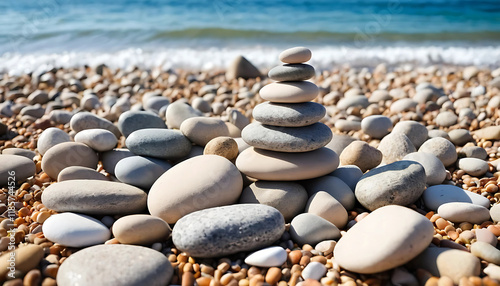 pile of stones on the beach, sea background
