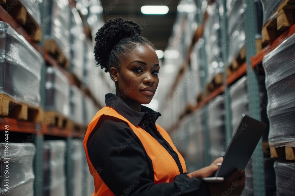 Fototapeta premium Black distribution warehouse worker and her manager using laptop at storage compartment. Generative AI