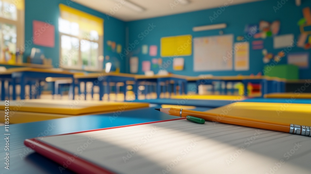 A Sunny Classroom Ready for Learning: Empty Desks, Bright Colors, and a Pencil Await Students