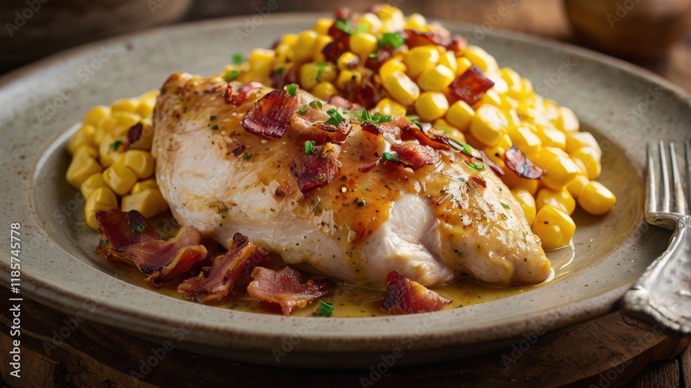 Garlic Butter Chicken with Crispy Bacon and Creamy Corn Garlic Butter Chicken with Crispy Bacon and Creamy Corn