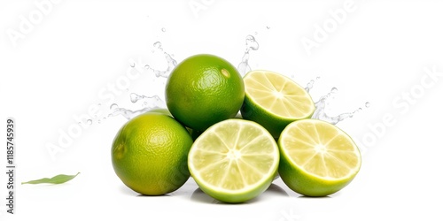 Fresh limes suspended in midair with water splashing around them, isolated on a white background, vibrant, freshness