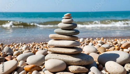 pile of stones on the beach, sea background photo