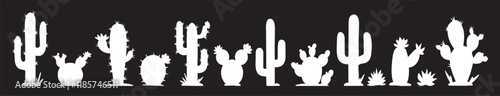 Silhouettes of cute cacti on a black background black and white vector. Dry desert plants black and white vector silhouette