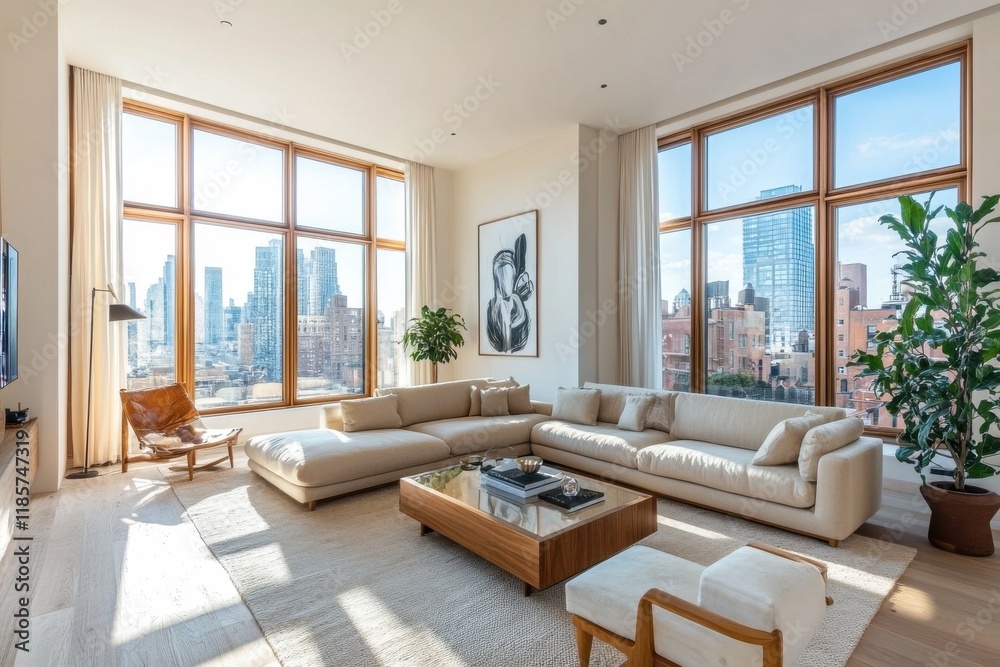 Fototapeta premium A large living room with a white couch, a coffee table, and a potted plant