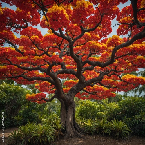 A fiery red and yellow flame tree in full bloom. photo