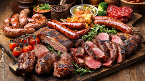 Meat food dishes, pork and lamb ribs, sausages and beef. Vector butchery food, pork steak and bacon with vegetables and greens. Salami and chicken leg, grilled wurst, pepperoni and gammon
