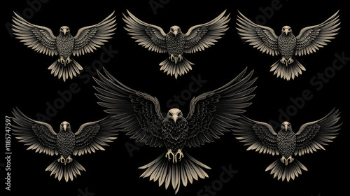 Heraldic eagle symbol set of bird with open wing. Black eagle, falcon or hawk with spread wing and tail feather isolated icon for tattoo, insignia, medieval coat of arms and heraldry themes design photo