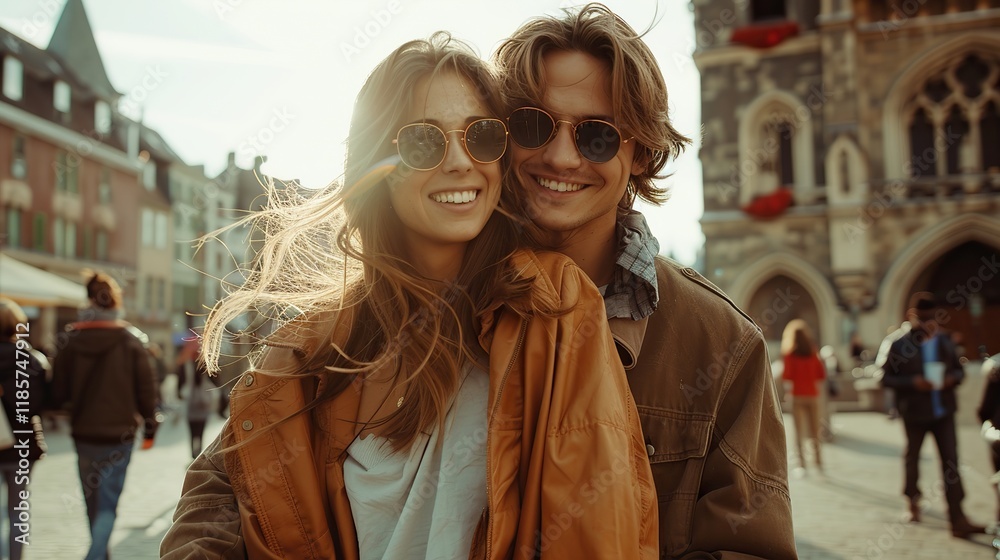 Obraz premium romantic couple hugging in the middle of the city