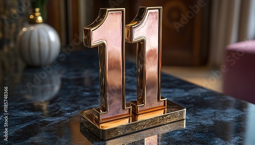 Metallic number eleven on a table, interior background, for celebration