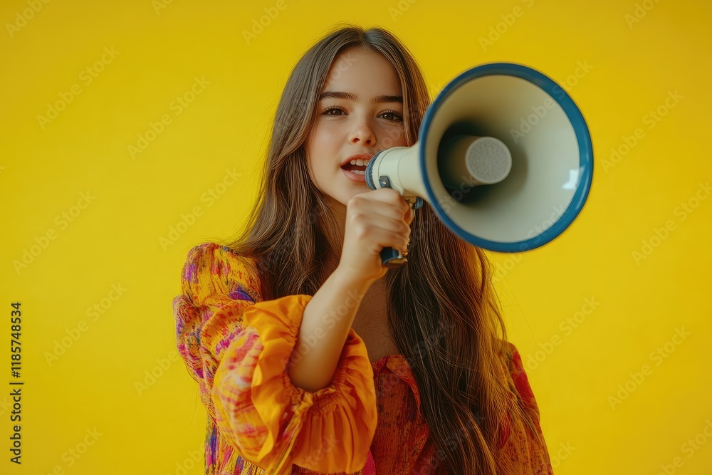 a happy young girl holding a megaphone, isolated on a yellow background a happy young girl holding a megaphone, isolated on a yellow background