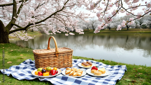 Cozy Spring Picnic Setup by the Lake Surrounded by Blooming Flowers