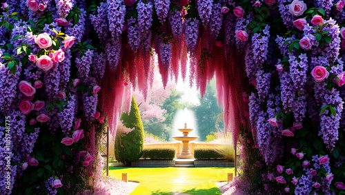 Romantic Blooming Vine Archway Covered in Spring Flowers and Sunlight