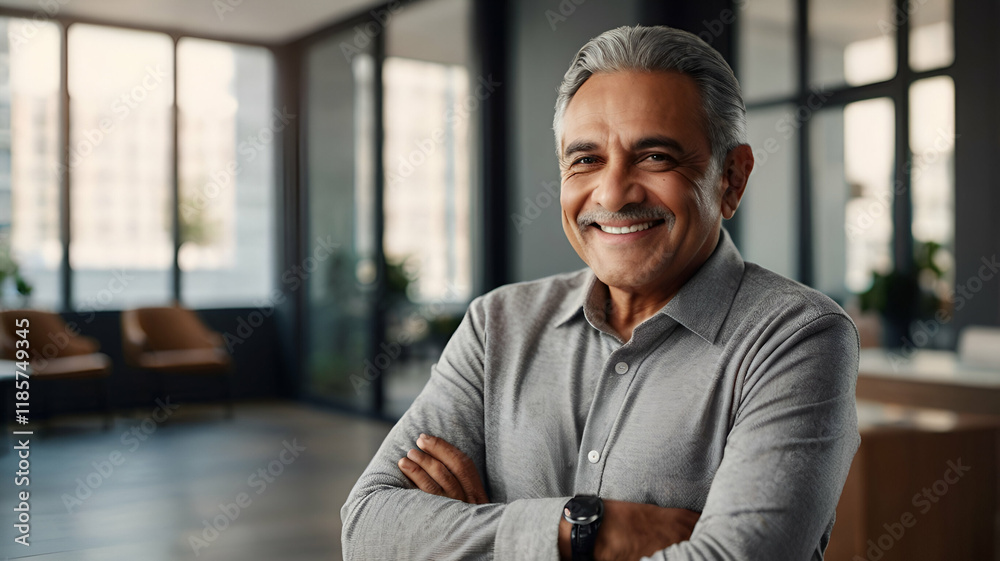 Obraz premium Confident Middle-Aged CEO, Headshot Portrait of a Handsome Hispanic or Indian Senior Businessman in Suit