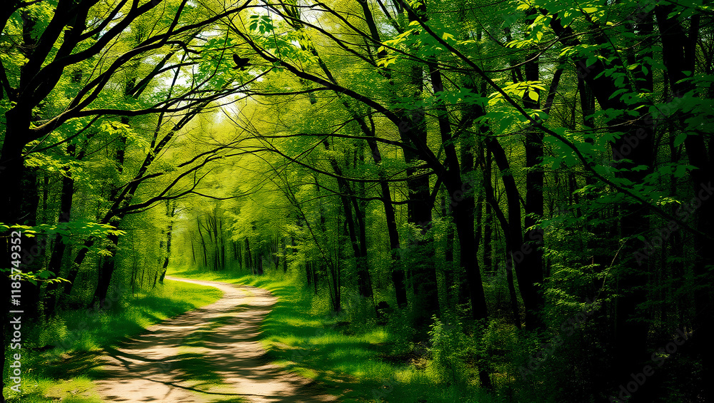 Fototapeta premium Peaceful Sunlit Forest Path Winding Through Lush Green Trees in Spring