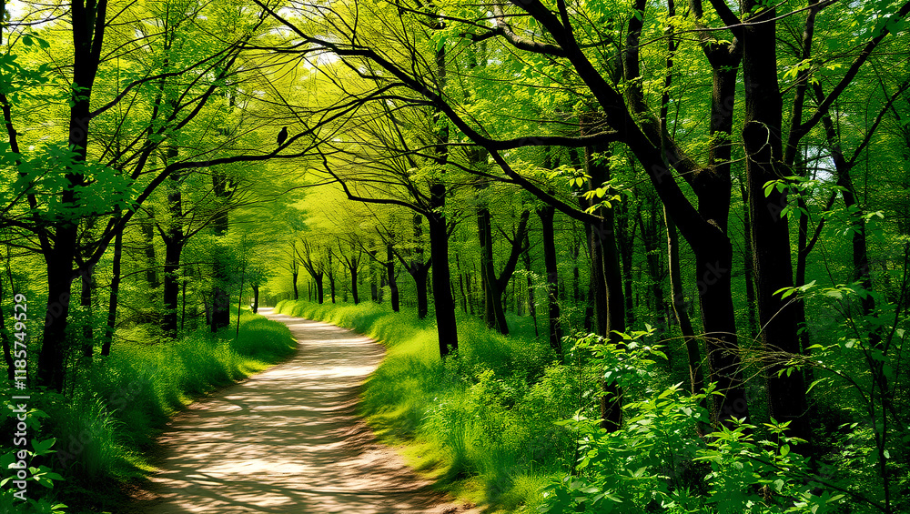 Obraz premium Peaceful Sunlit Forest Path Winding Through Lush Green Trees in Spring