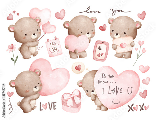 Watercolor Illustration Set of Valentine Teddy Bear Holding Pink Heart