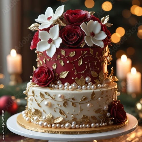 A rich, decadent, and ornate cake, meticulously decorated with edible flowers and pearls.  The cake is a two-tiered design, with a top layer of deep crimson red and a lower layer of creamy ivory... photo