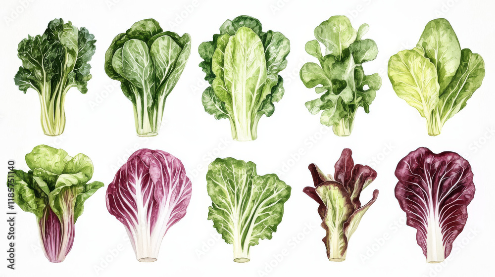 Salads and lettuce vegetables sketch poster. Vector farm harvest of chicory, radiccio or sorrel and pak choi, or arugula and chinese cabbage, oakleaf lettuce or garden spinach and batavia lettuce Salads and lettuce vegetables sketch poster. Vector farm harvest of chicory, radiccio or sorrel and pak choi, or arugula and chinese cabbage, oakleaf lettuce or garden spinach and batavia lettuce