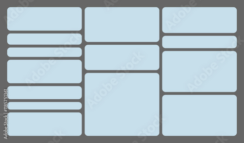 Dimensions 16x9 trendy bento grid layout style brick Ui UX templates. Web comic grids, rounded corners. Different panel layouts with y2k and brutal shapes tiles of different sizes Vector illustration