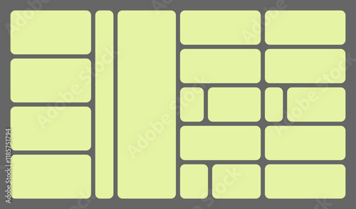 Dimensions 16x9 trendy bento grid layout style brick Ui UX templates. Web comic grids, rounded corners. Different panel layouts with y2k and brutal shapes tiles of different sizes Vector illustration