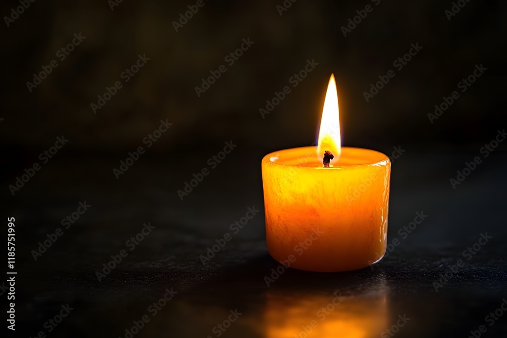 Lit amber candle on dark surface, somber background, remembrance Lit amber candle on dark surface, somber background, remembrance