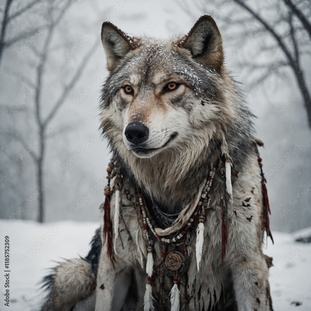 Obraz premium A Japanese-style wolf spirit with traditional markings on a white canvas.