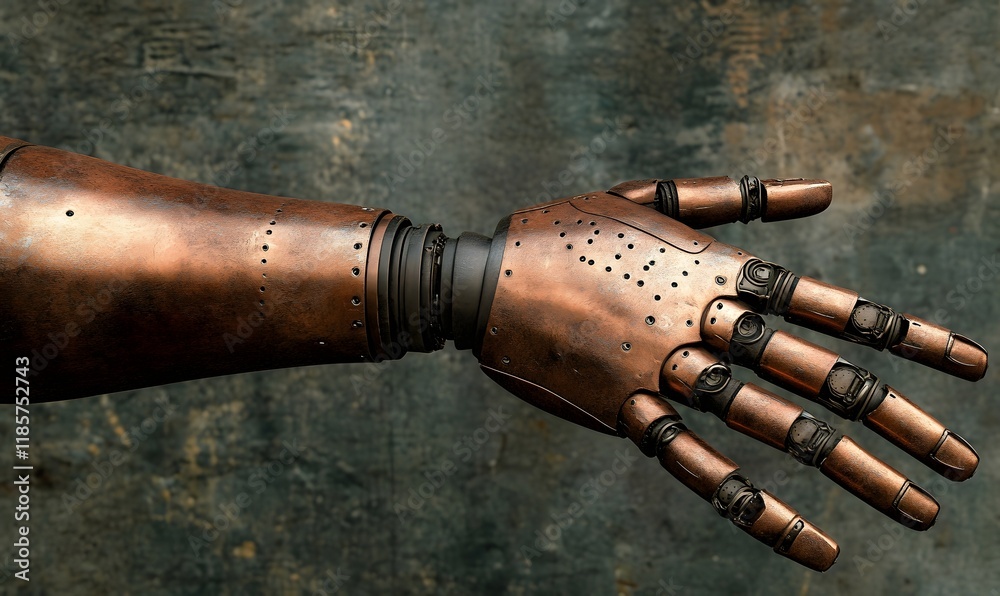 Steampunk robotic arm, copper prosthetic hand. Steampunk robotic arm, copper prosthetic hand.