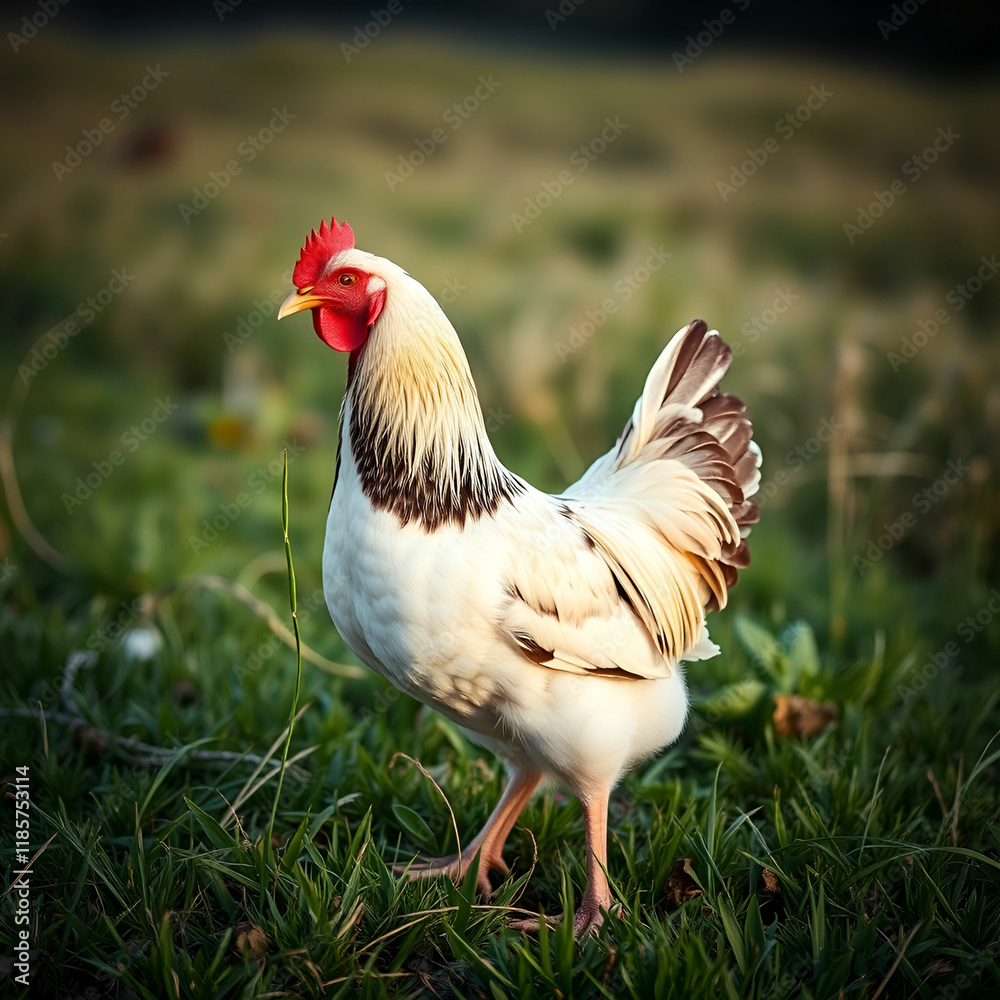 Fototapeta premium Beautiful shot of a chicken standing on the grass in the fields