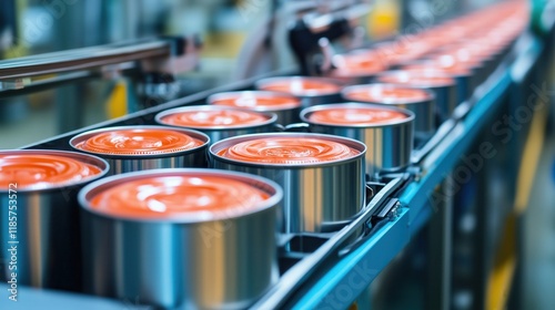 Conveyor belt transporting aluminum cans filled with tomato paste in food processing plant photo