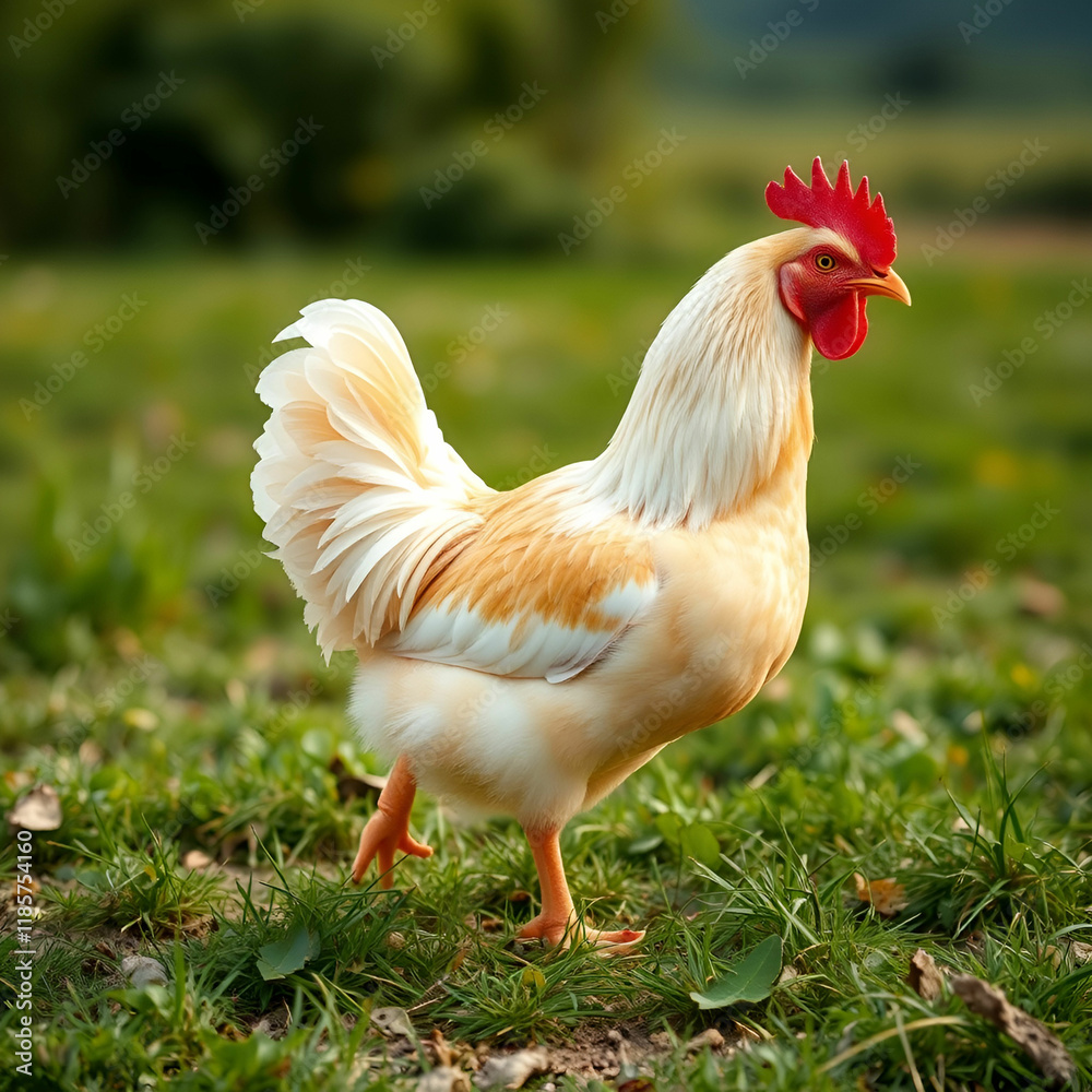 Fototapeta premium Beautiful shot of a chicken standing on the grass in the fields