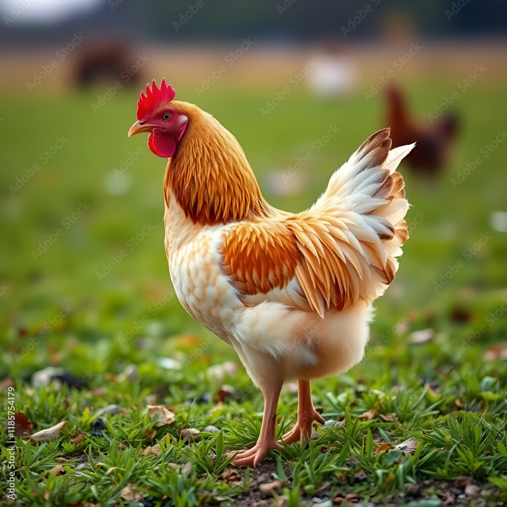 Fototapeta premium Beautiful shot of a chicken standing on the grass in the fields