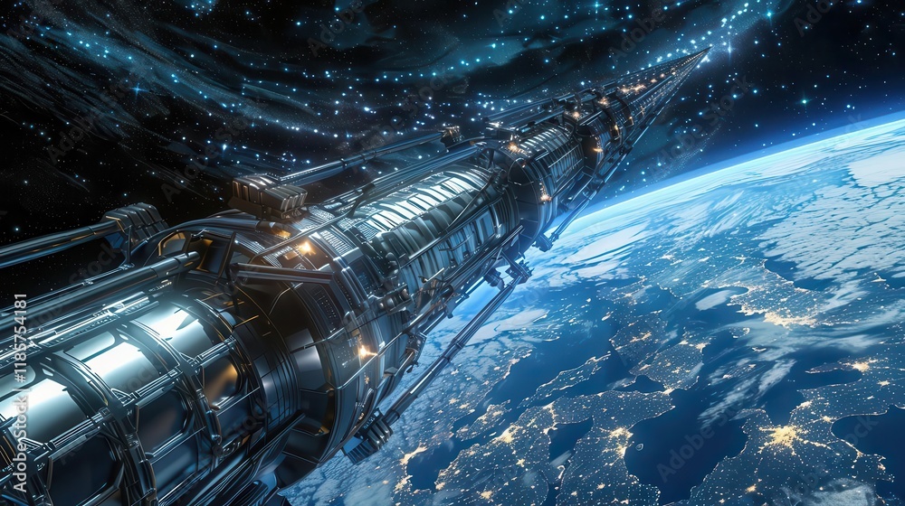 A futuristic space structure extending into the cosmos, overlooking Earth from orbit. A futuristic space structure extending into the cosmos, overlooking Earth from orbit.