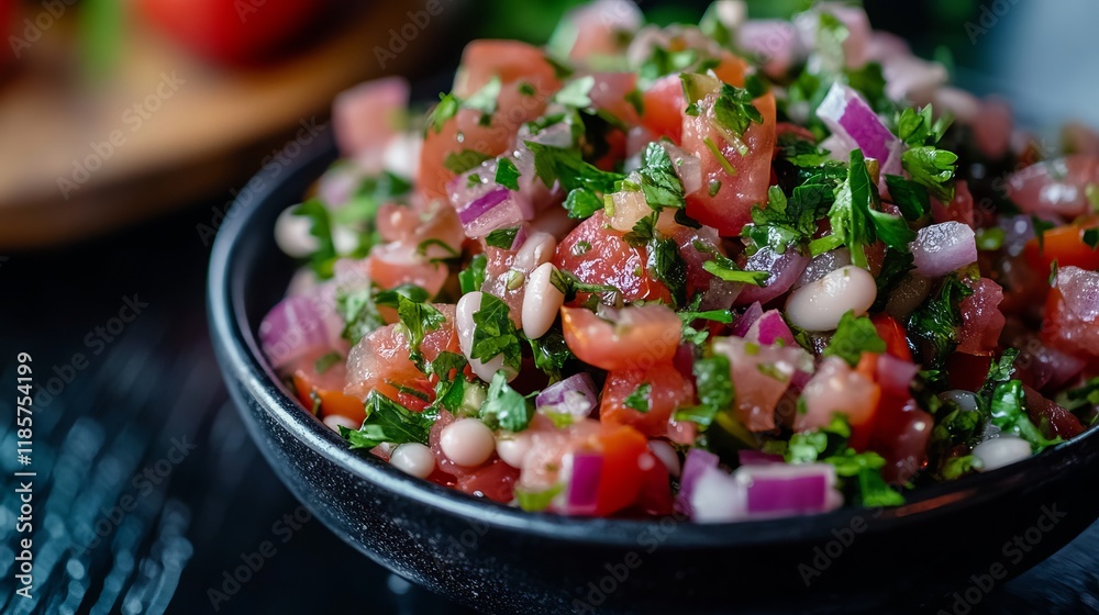 Turkish white bean salad served in a black bowl on a black wooden table. The salad consists of tomatoes, red onions, and parsley, and it is dressed with sumac and olive oil. Turkish white bean salad served in a black bowl on a black wooden table. The salad consists of tomatoes, red onions, and parsley, and it is dressed with sumac and olive oil.