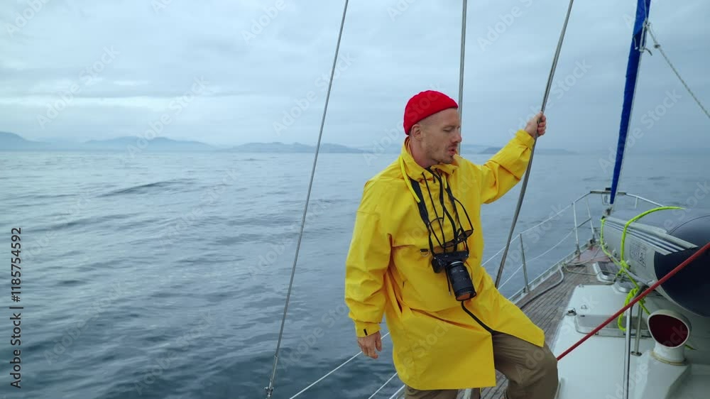 Romantic Of Sea, Portrait Of Male Tourist Riding Yacht In Pacific Ocean Near Coast Of Islands Romantic Of Sea, Portrait Of Male Tourist Riding Yacht In Pacific Ocean Near Coast Of Islands