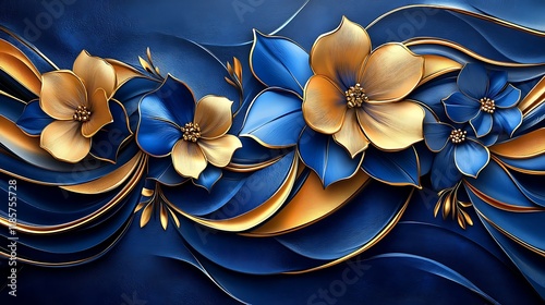 Elegant blue and gold flowers on a wavy background.