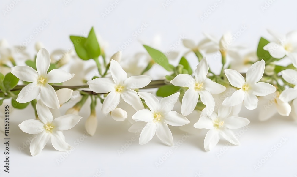Fototapeta premium White flowers, green leaves, on white background.