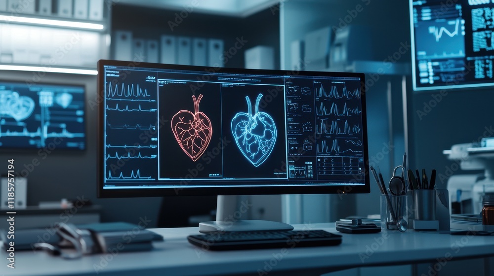 Fototapeta premium A cardiologist's desk with a digital ECG monitor, a stethoscope, and heart anatomy charts on the wall, in a high-tech medical room.