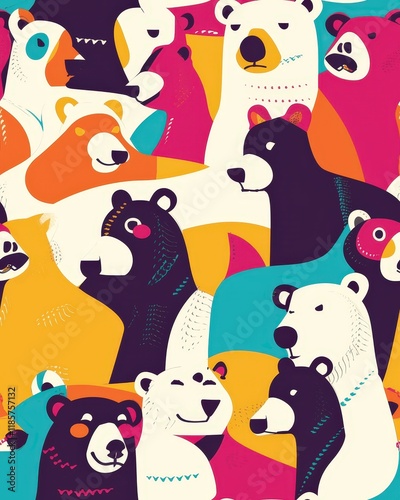 Colorful Abstract Illustration of Friendly Bears in Various Poses