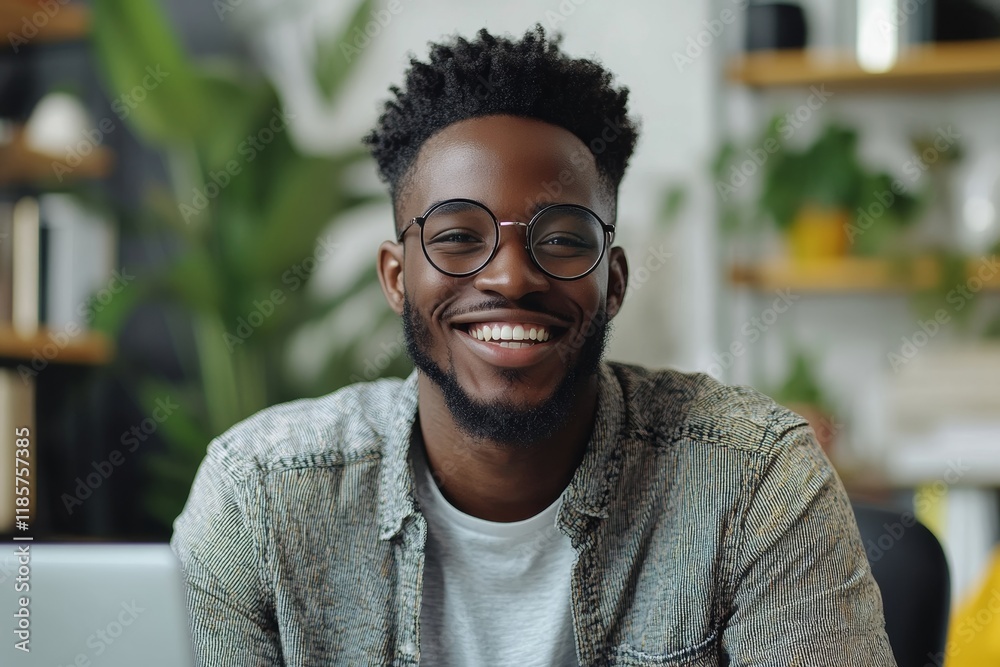 Happy entrepreneur talking while having video call in office. Generative AI Happy entrepreneur talking while having video call in office. Generative AI