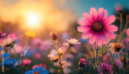 Pink flower blooms, sunset backdrop, field, for summer travel, and greeting cards