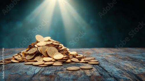 A massive pile of gleaming golden coins cascading across the worn wooden surface each piece reflecting dazzling rays of light photo