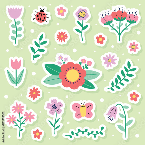 Wallpaper Mural Colourful spring flower stickers set. Icons in cartoon style. Vector illustration Torontodigital.ca