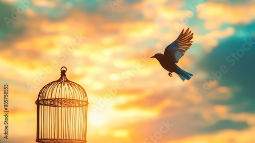 Sunset Freedom: A Bird's Flight to Liberty photo