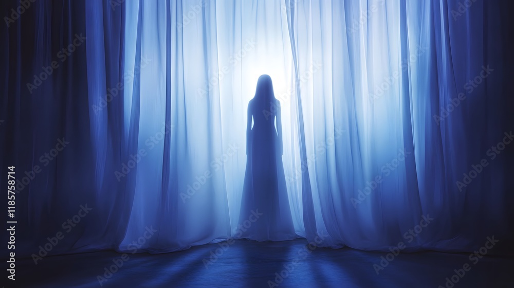 Fototapeta premium A veiled woman stands behind sheer blue curtains