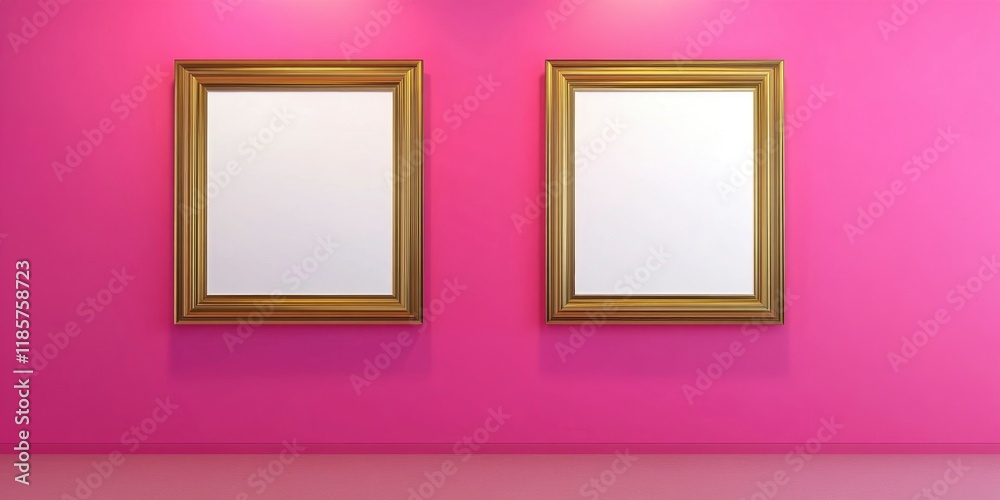 Two gold picture frames with a blank white canvas on hot pink wall Two gold picture frames with a blank white canvas on hot pink wall